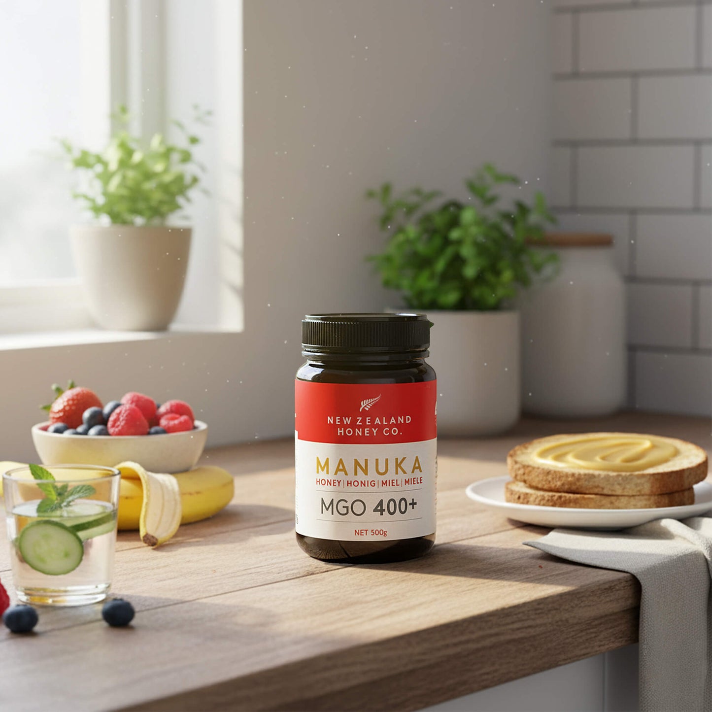 Manuka Honig MGO 400+ Glas auf Holztisch mit frischen Früchten, Toast und Kräutern – Frühstücks-Lifestyle