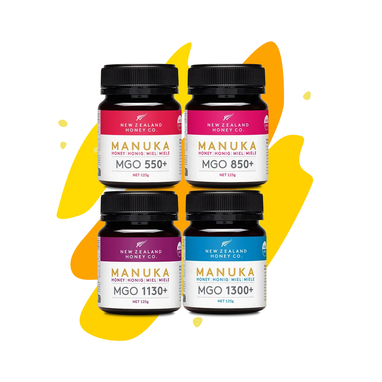 Vier Manuka Honig Mini-Gläser 125g in den Stärken MGO 550+, 850+, 1130+ und 1300+ – New Zealand Honey Co. Probier-Set
