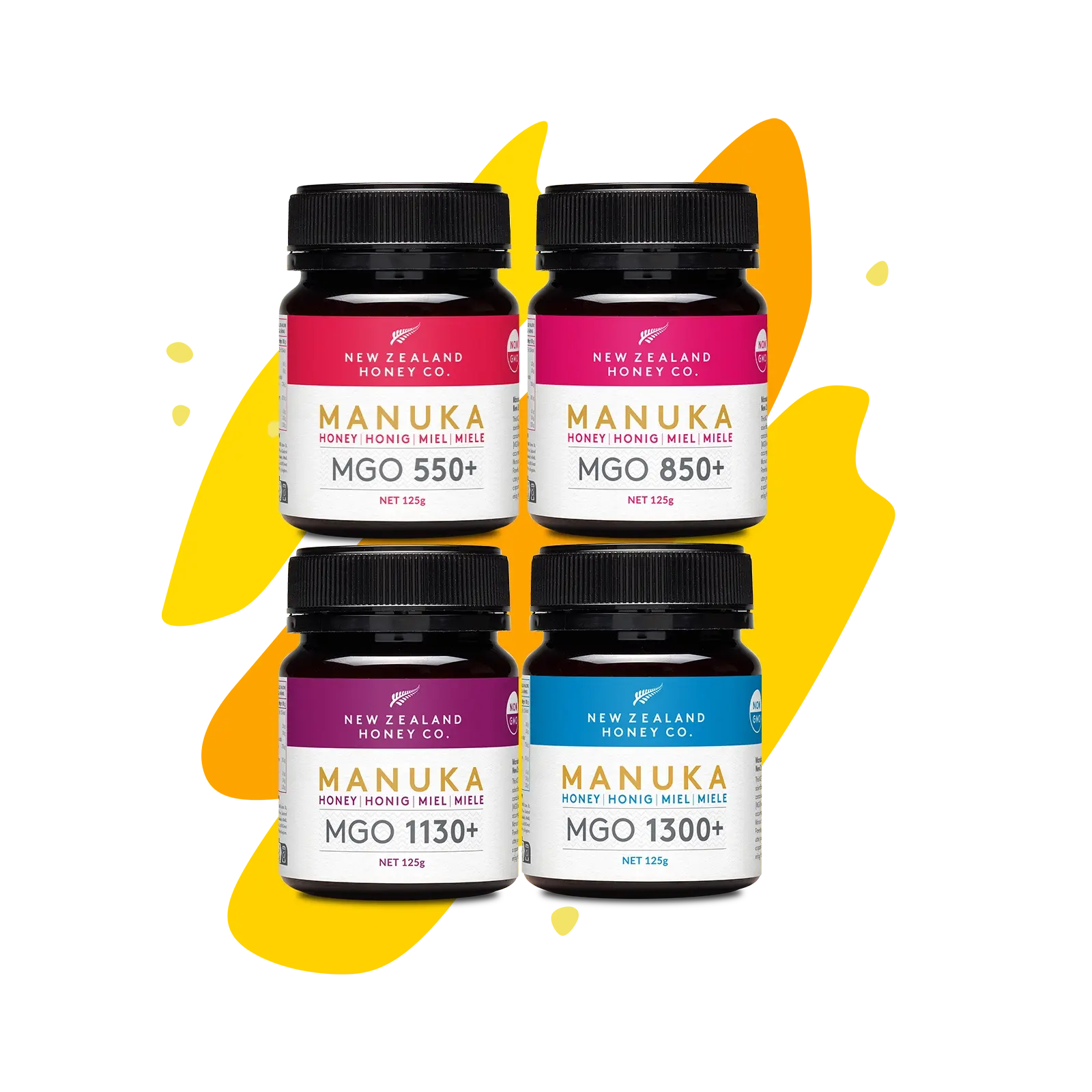 Vier Manuka Honig Mini-Gläser 125g in den Stärken MGO 550+, 850+, 1130+ und 1300+ – New Zealand Honey Co. Probier-Set