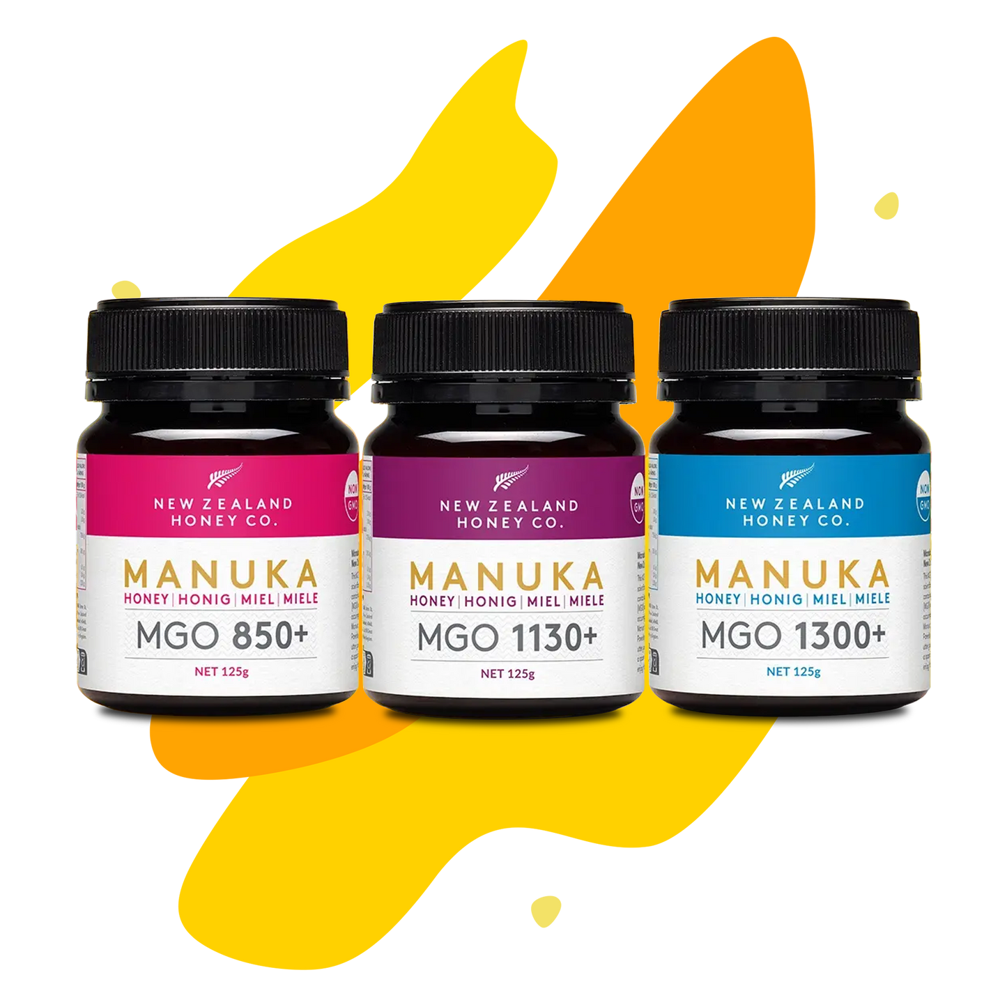 Drei Manuka Honig Mini-Gläser 125g in den Stärken MGO 850+, 1130+ und 1300+ – New Zealand Honey Co. Probier-Set