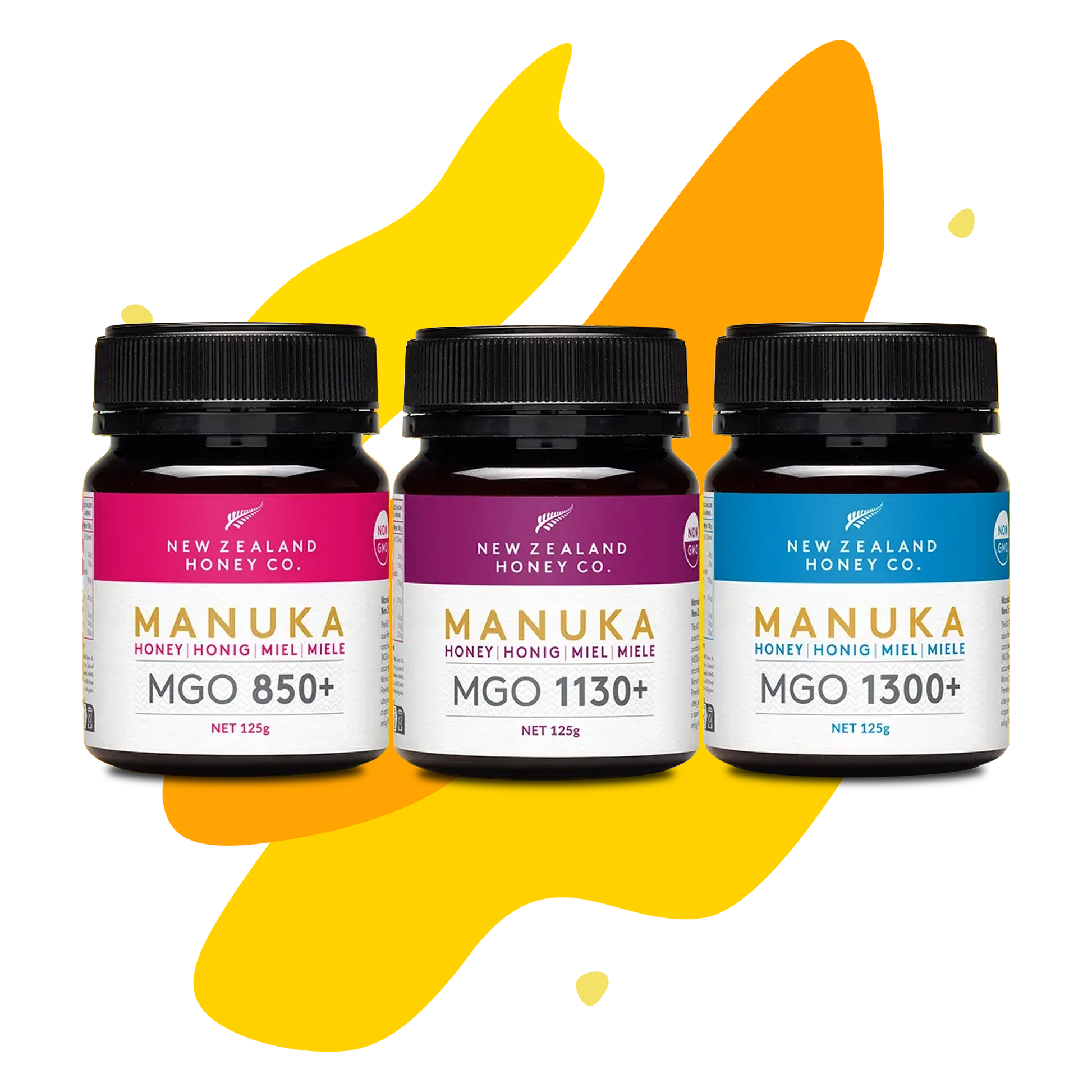 Drei Manuka Honig Mini-Gläser 125g in den Stärken MGO 850+, 1130+ und 1300+ – New Zealand Honey Co. Probier-Set
