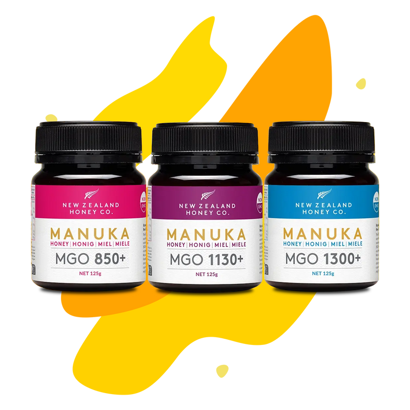 Drei Manuka Honig Mini-Gläser 125g in den Stärken MGO 850+, 1130+ und 1300+ – New Zealand Honey Co. Probier-Set